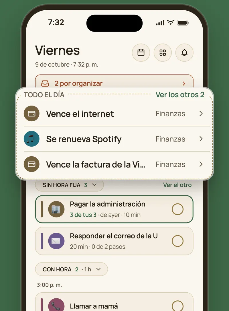 Nupi's Today screen, with what's due today and the day's tasks
