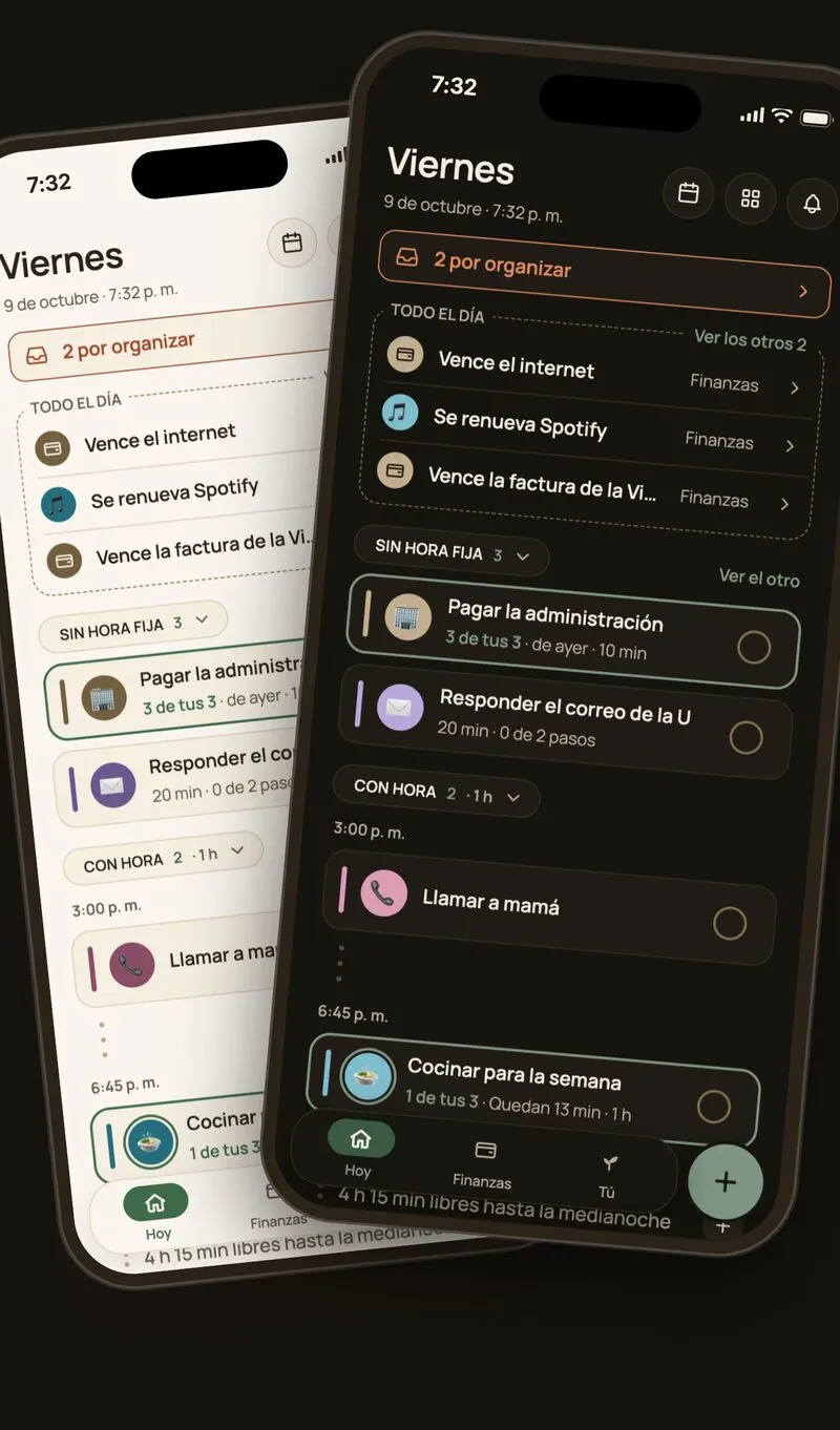 Nupi's Today screen in light and dark mode